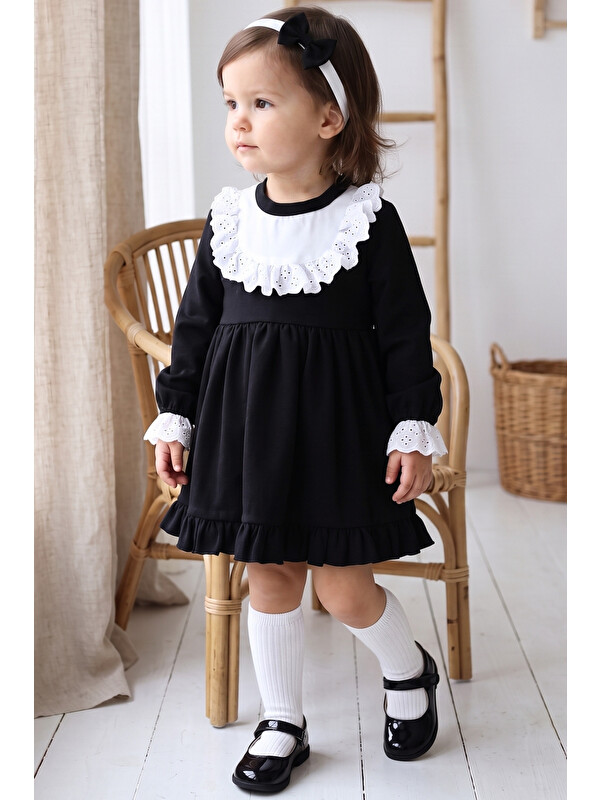 Parla Kids Kız Bebek Ruby Siyah Uzun Kollu Dantel Detaylı Fırfırlı Elbise Bandana Takım