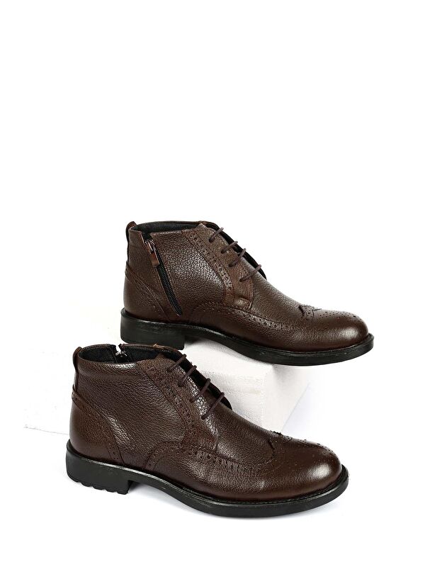 Hakiki Deri Yuvarlak Burun Kauçuk Taban Bağcıklı Fermuarlı Günlük Erkek Bot 01211 - Görsel 2