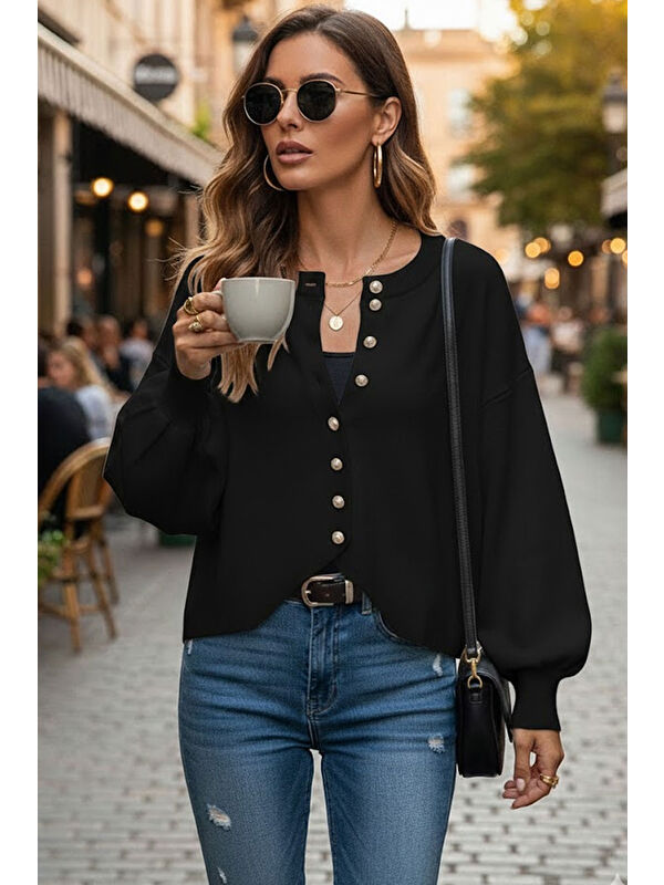 Tarz Cool Siyah Yumuşak Dokulu Mücevher Düğmeli Ceket Görünümlü Triko Hırka