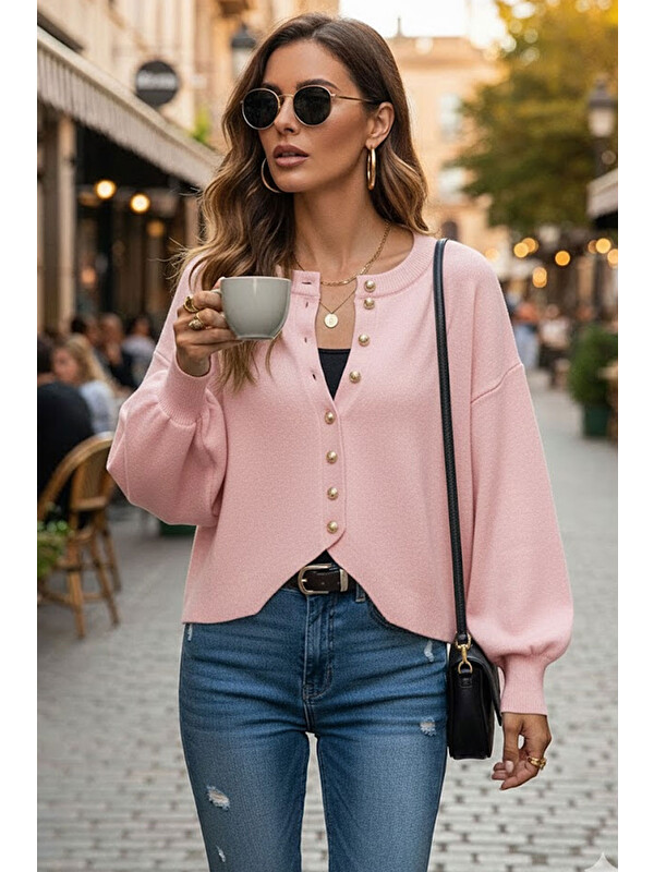 Tarz Cool Pembe Yumuşak Dokulu Mücevher Düğmeli Ceket Görünümlü Triko Hırka