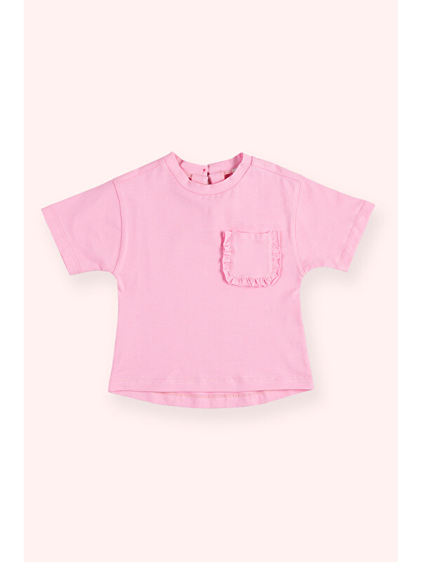 Panço Kız Bebek Cebi Fırfır Detaylı Pembe Tişört