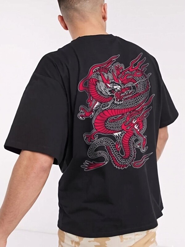 Trendseninle Siyah Chinesebox Baskı %100 Organik Pamuk Örme Oversize Tişört