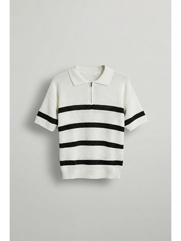 Abluka Online Erkek Oversize Örme Triko Polo Yaka T-Shirt Ekru