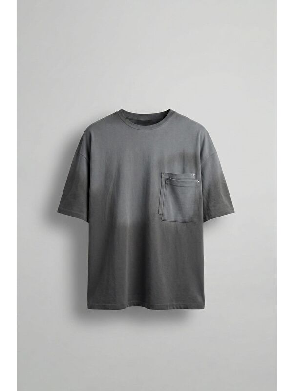 Abluka Online Erkek Oversize Çift Katman Cepli T-Shirt Füme