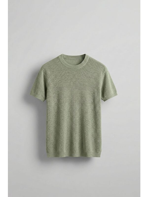 Abluka Online Erkek Regular Fit Bisiklet Yaka Esnek Triko T-Shirt Açık Yeşil