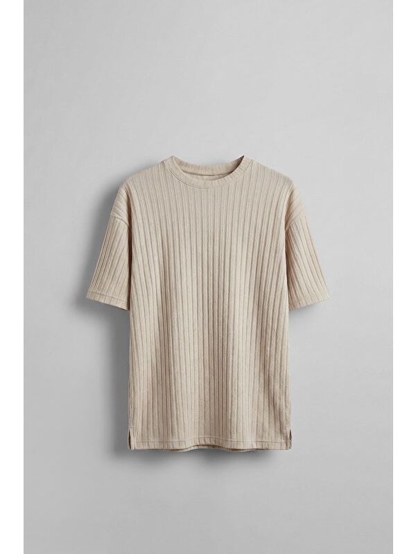 Abluka Online Erkek Oversize Desenli T-Shirt Bej