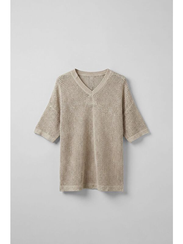 Abluka Online Erkek Oversize V Yaka File T-Shirt Bej