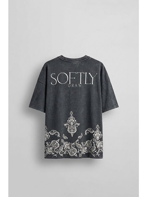 Abluka Online Erkek Oversize Etknik Desen Baskılı Yıkamalı T-Shirt Antrasit