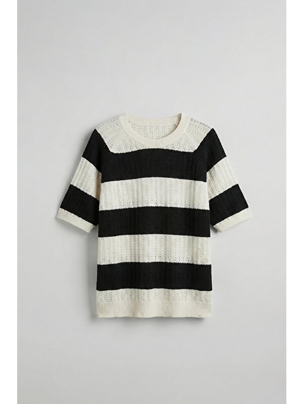 Abluka Online Erkek Oversize Çizgi Desenli Örme Triko T-Shirt Siyah
