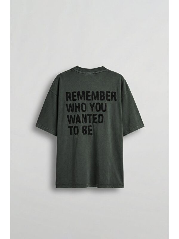 Abluka Online Erkek Slogan İşlemeli Yıkamalı Oversize T-Shirt Yeşil