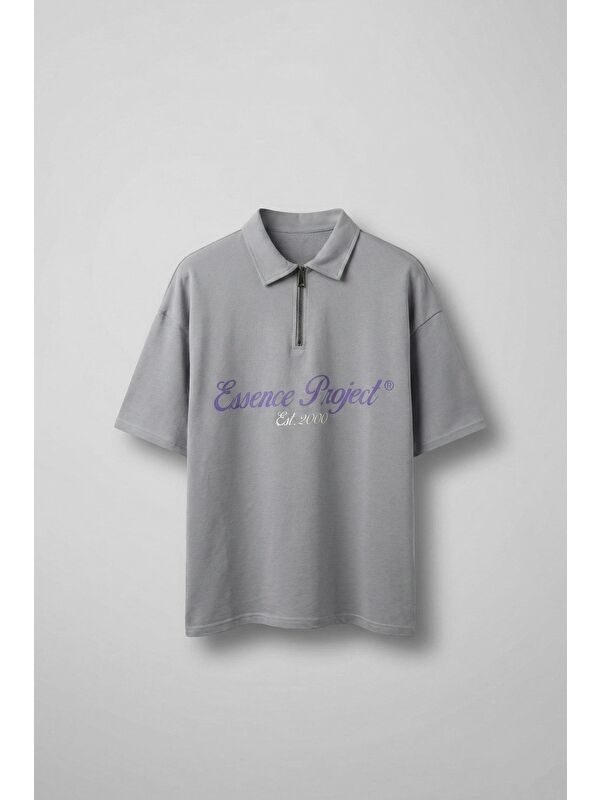 Abluka Online Erkek Oversize Fermuarlı Polo Yaka Baskılı T-Shirt Açık Gri