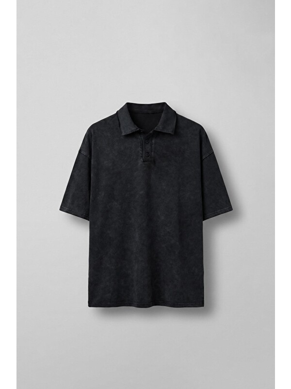 Abluka Online Erkek Oversize Polo Yaka Yıkamalı Tişört Siyah
