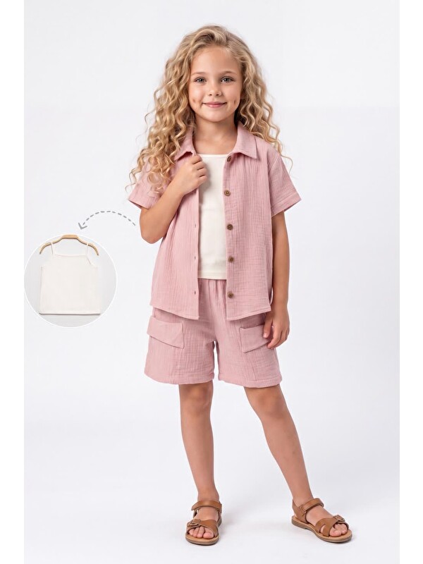 Mnk Baby & Kids Kız Çocuk 3 Parça Pamuklu Müslin Rahat Takım M00837