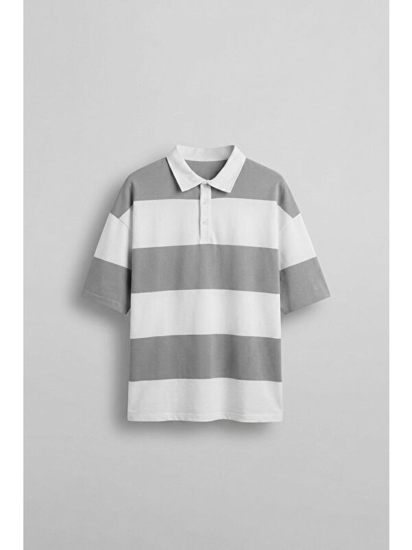 Abluka Online Erkek Oversize Renk Bloklu Polo Yaka T-Shirt Gri