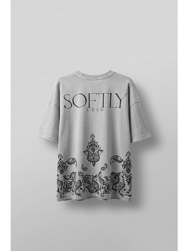 Abluka Online Erkek Oversize Etknik Desen Baskılı Yıkamalı T-Shirt Gri