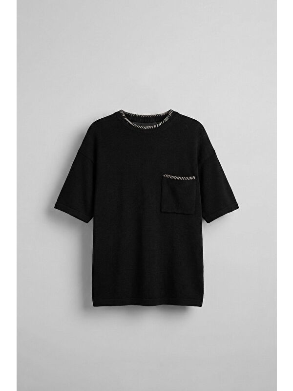 Abluka Online Erkek Oversize Önü Cepli Örme T-Shirt Siyah