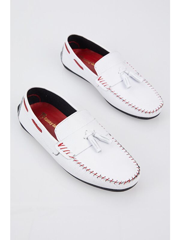 Erkek Beyaz Önü Püskül Detaylı Rahat Kalıp Hakiki Deri Loafer - Görsel 3