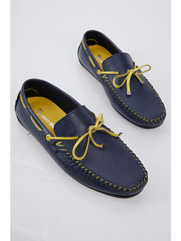 Erkek Lacivert İp Detaylı Rahat Kalıp Hakiki Deri Loafer - Görsel 3