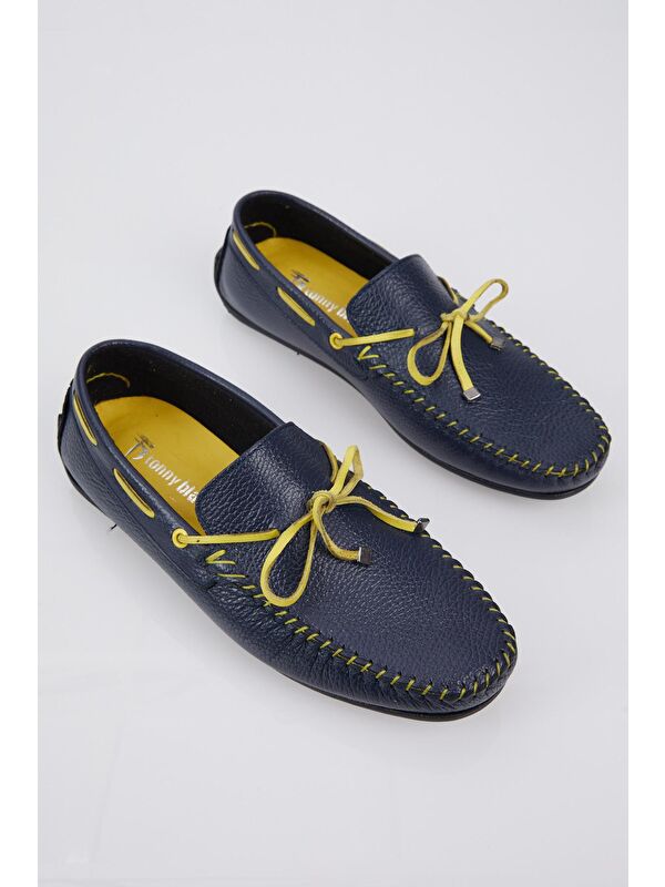 Erkek Lacivert İp Detaylı Rahat Kalıp Hakiki Deri Loafer - Görsel 4