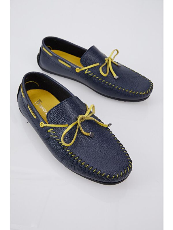 Erkek Lacivert İp Detaylı Rahat Kalıp Hakiki Deri Loafer - Görsel 6