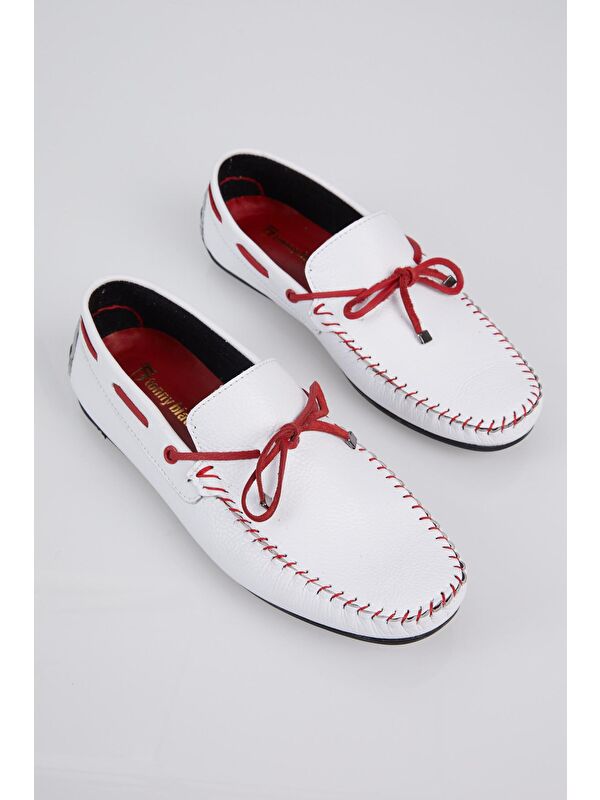 Erkek Beyaz İp Detaylı Rahat Kalıp Hakiki Deri Loafer - Görsel 3