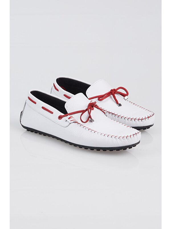 Erkek Beyaz İp Detaylı Rahat Kalıp Hakiki Deri Loafer - Görsel 4