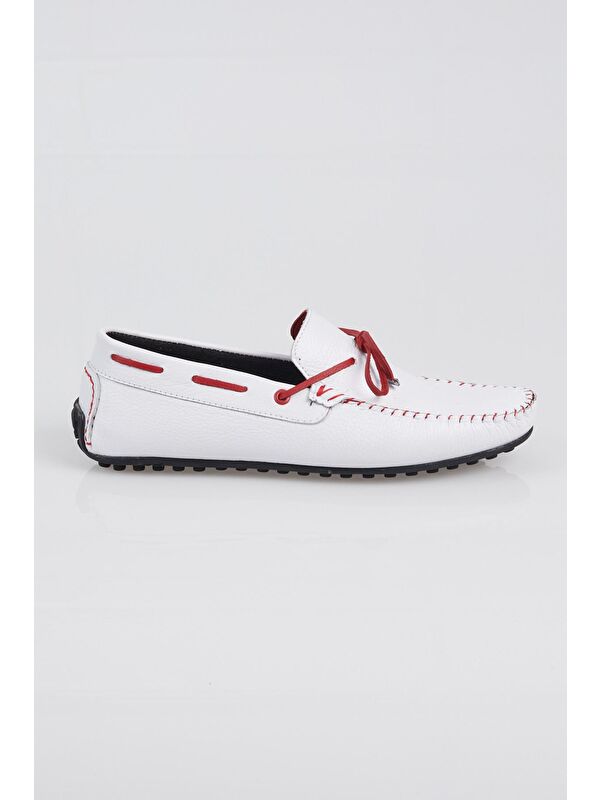 Erkek Beyaz İp Detaylı Rahat Kalıp Hakiki Deri Loafer - Görsel 5