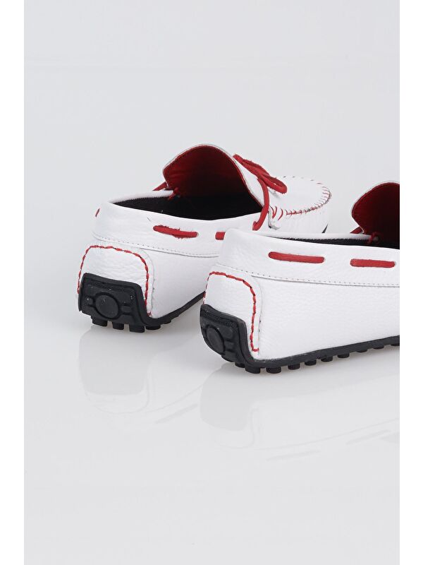 Erkek Beyaz İp Detaylı Rahat Kalıp Hakiki Deri Loafer - Görsel 6