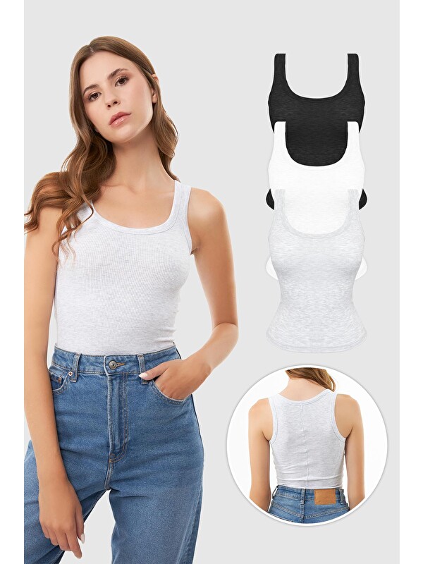 Cottonhill Pamuklu Kalın Askılı Fitilli Kadın Atlet 3'Lü Paket
