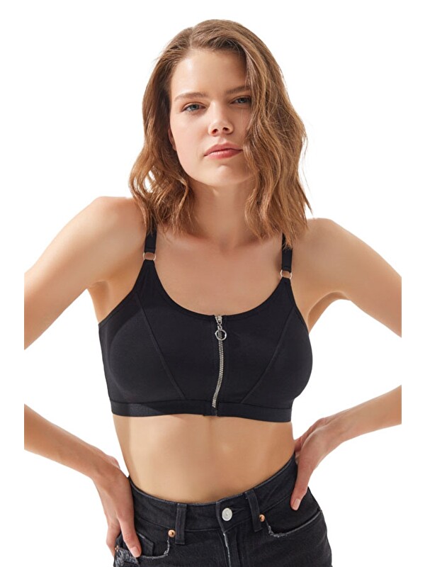 Cottonhill Siyah Pamuklu Ayarlanabilir Askılı Fermuarlı Bralet Büstiyer