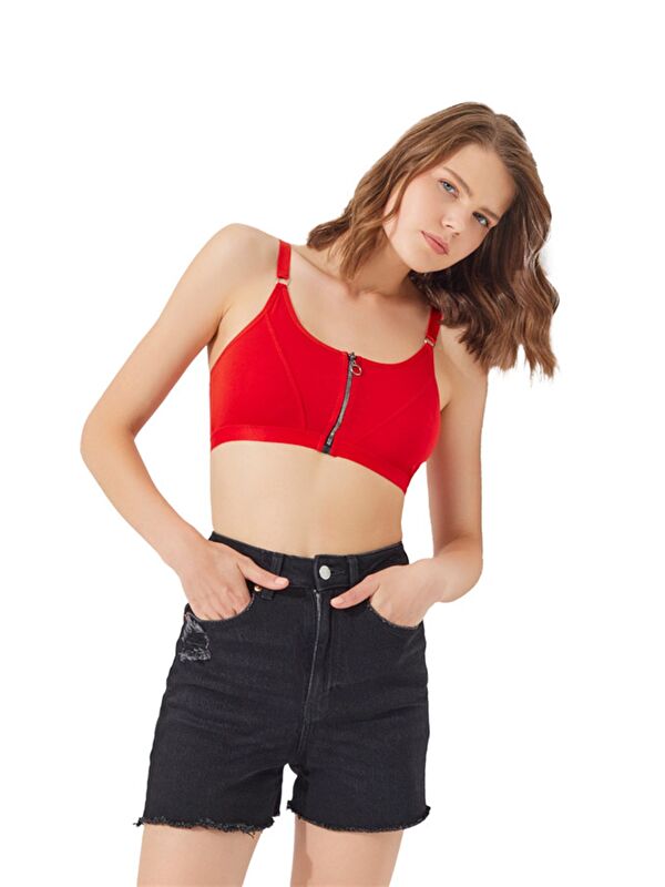 Cottonhill Kırmızı Pamuklu Ayarlanabilir Askılı Fermuarlı Bralet Büstiyer