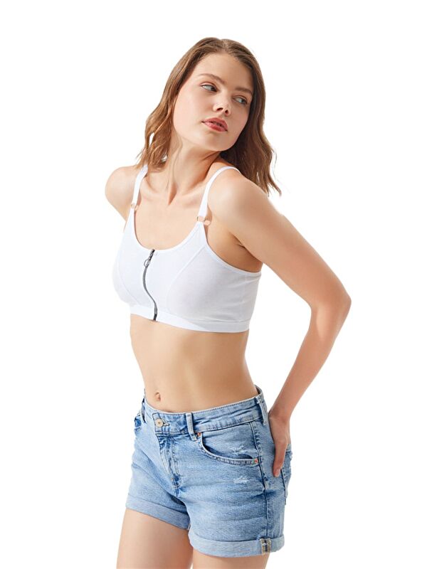 Cottonhill Beyaz Pamuklu Ayarlanabilir Askılı Fermuarlı Bralet Büstiyer