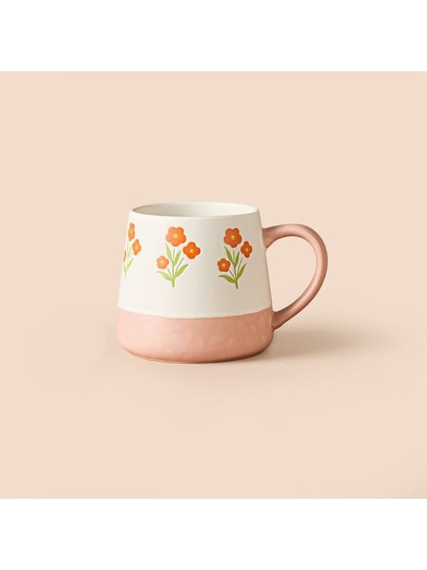 Evidea Kitchen Turuncu Çiçekli Seramik Kupa - Beyaz - 500 ml
