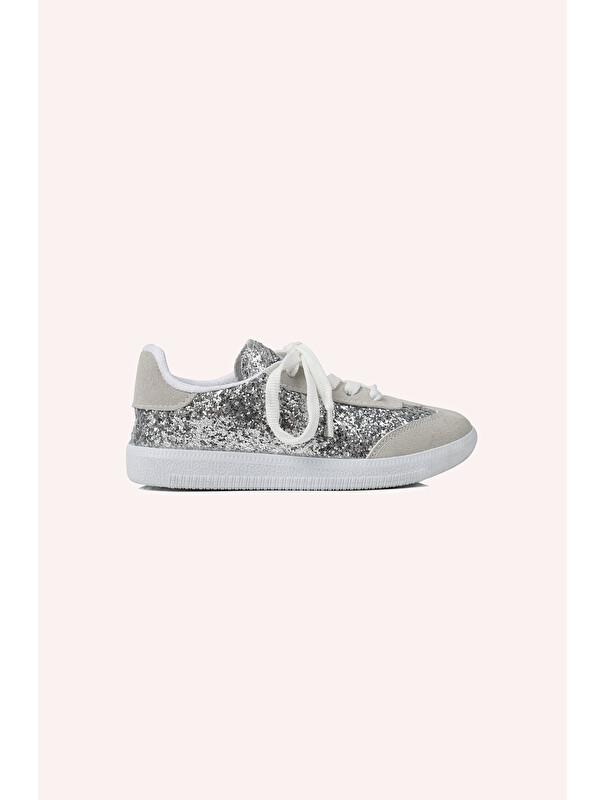 Panço Kız Çocuk Bağcıklı Simli Gümüş Sneaker