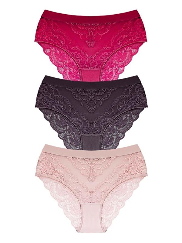 Cottonhill Dantelli Arkası Transparan Büyük Beden Bikini Külot 3'Lü Paket