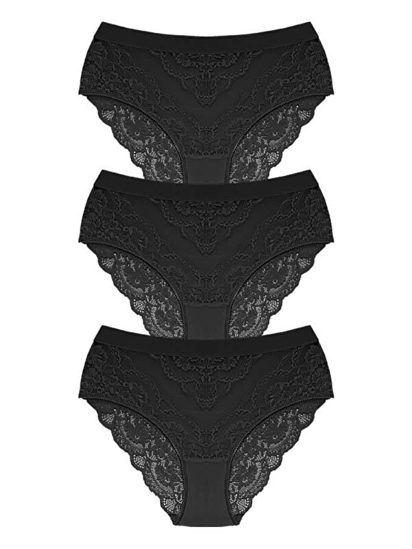 Cottonhill Dantelli Arkası Transparan Büyük Beden Bikini Külot 3'Lü Paket-3