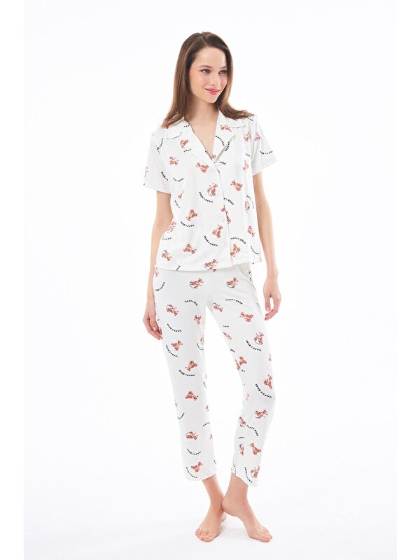 Cottonhill Premium Kadın Pijama Takımı Ayıcık Desenli Yumuşak Dokulu Kısa Kollu Gömlek Yaka