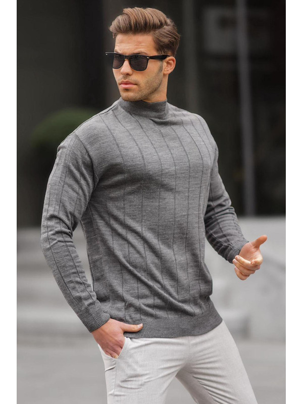 Madmext Antrasit Slim Fit Yarım Balıkçı Yaka Çizgili Tüylenmeyen Erkek Triko Kazak 6344