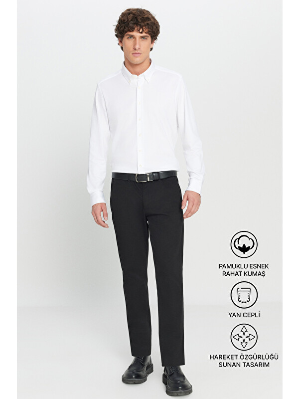 AC&Co / Altınyıldız Classics Erkek Siyah Slim Fit Dar Kesim Yan Cep Pamuklu Esnek  Chino Pantolon
