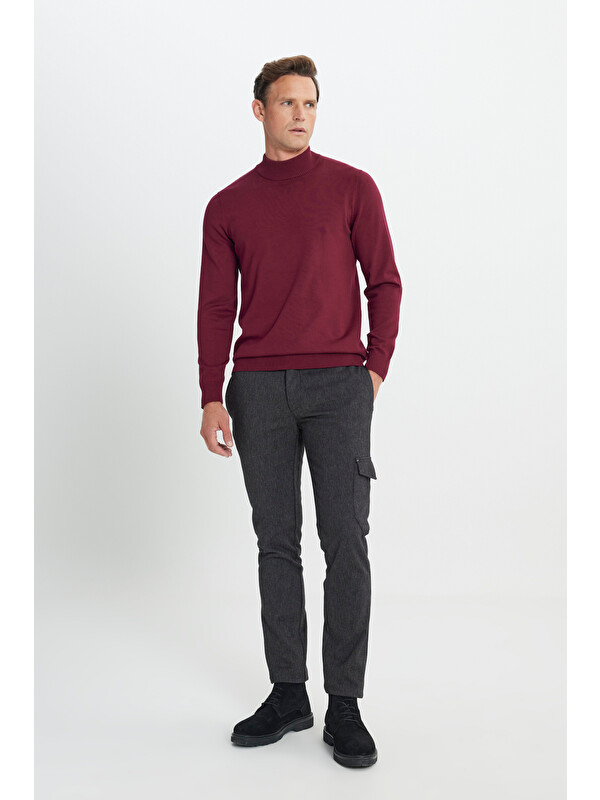 Altınyıldız Classics Erkek Siyah-Gri Slim Fit Dar Kesim Diyagonal Desenli Kargo Cepli Esnek Pantolon