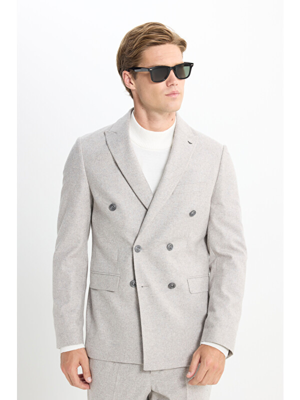 Altınyıldız Classics Erkek Taş Yünlü Slim Fit Dar Kesim Kırlangıç Yaka Kapak Cepli Kruvaze Takım Elbise