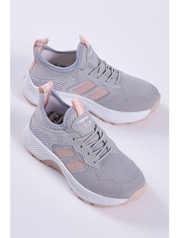 Çocuk Unisex Buz Pudra Rahat Kalıp Nefes Alabilen Kumaş Bağcıklı Sneaker - Görsel 3