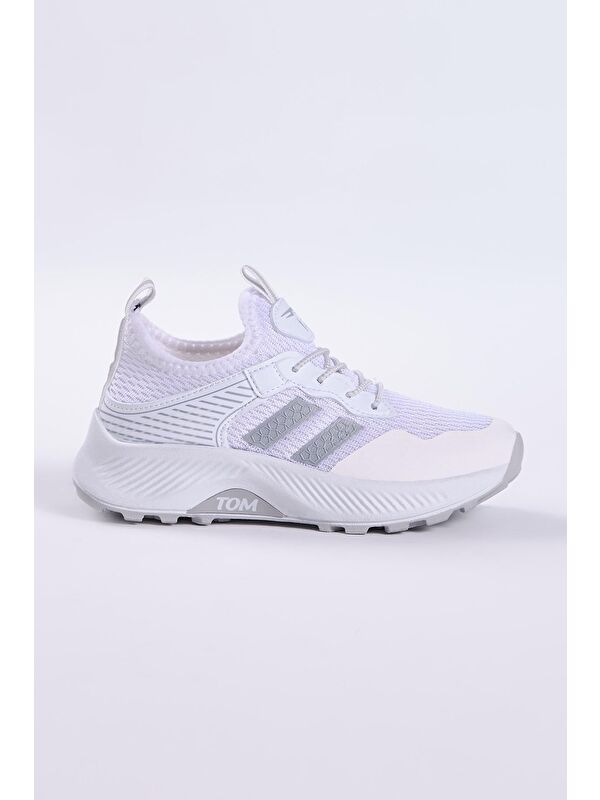 Çocuk Unisex Beyaz Gümüş Rahat Kalıp Nefes Alabilen Kumaş Bağcıklı Sneaker - Görsel 4