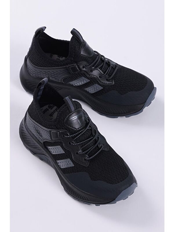 Çocuk Unisex Siyah Füme Rahat Kalıp Nefes Alabilen Kumaş Bağcıklı Sneaker - Görsel 3
