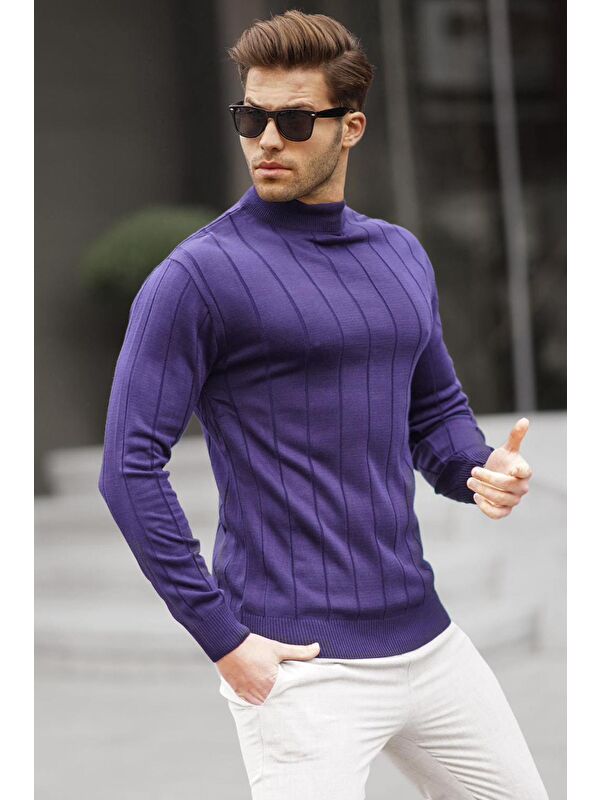 Madmext Lacivert Slim Fit Yarım Balıkçı Yaka Çizgili Tüylenmeyen Erkek Triko Kazak 6344