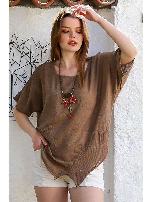 Chiccy Açık Kahve Havuz Yaka Cepli File Detaylı Yıkamalı Casual Asimetrik Dokuma Bluz 70 65