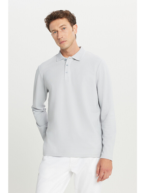 Altınyıldız Classics Erkek Gri %100 Pamuk Standart Fit Normal Kesim Polo Yaka Sweatshirt