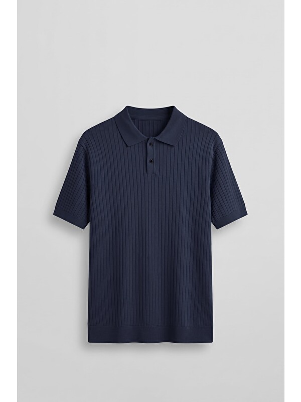Abluka Online Erkek Relaxed Fit Fitilli Triko Polo Yaka Tişört Lacivert