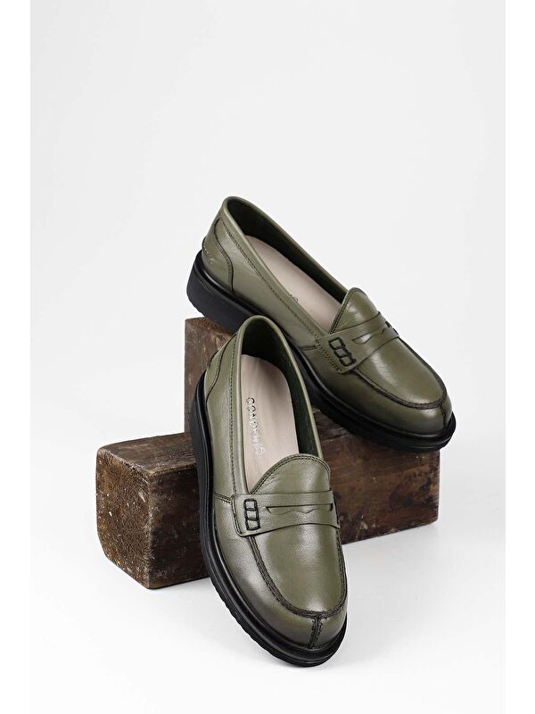 Hakiki Deri Yuvarlak Burun Dolgu Taban Loafer Kadın Günlük Ayakkabı 24092 - Görsel 3