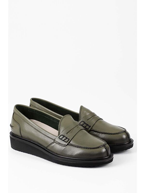 Hakiki Deri Yuvarlak Burun Dolgu Taban Loafer Kadın Günlük Ayakkabı 24092 - Görsel 5